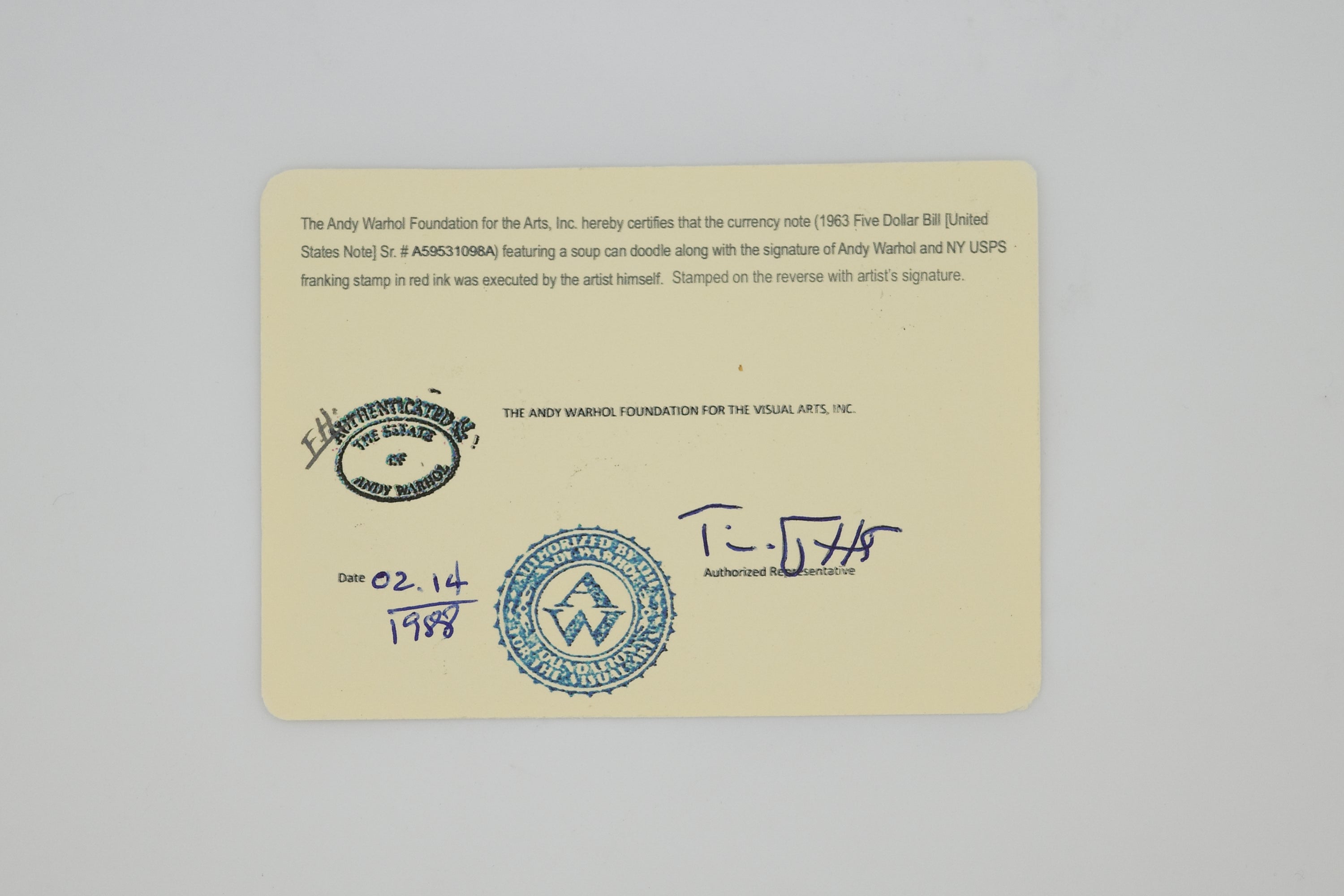 Andy Warhol Signed “Campbell Soup” $5 Bill