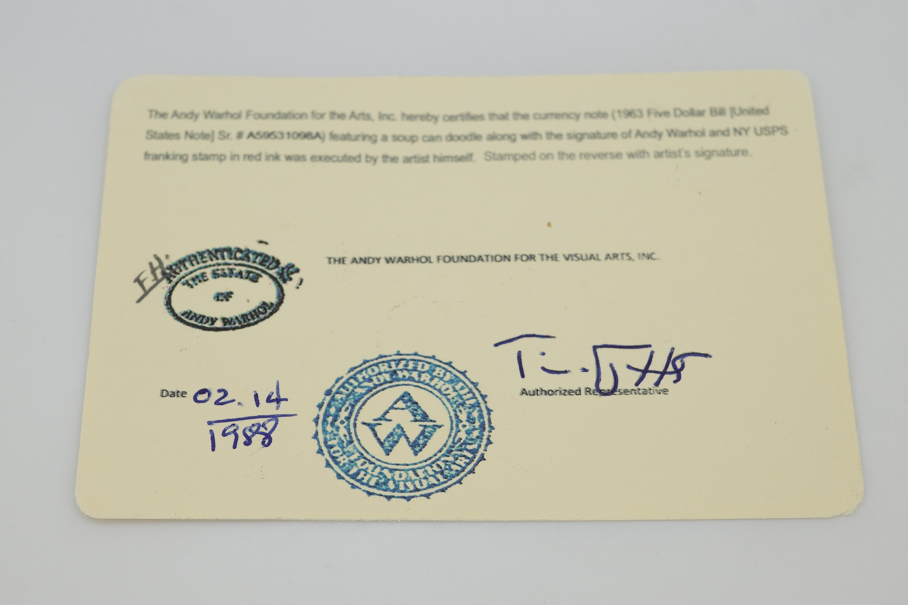Andy Warhol Signed “Campbell Soup” $5 Bill