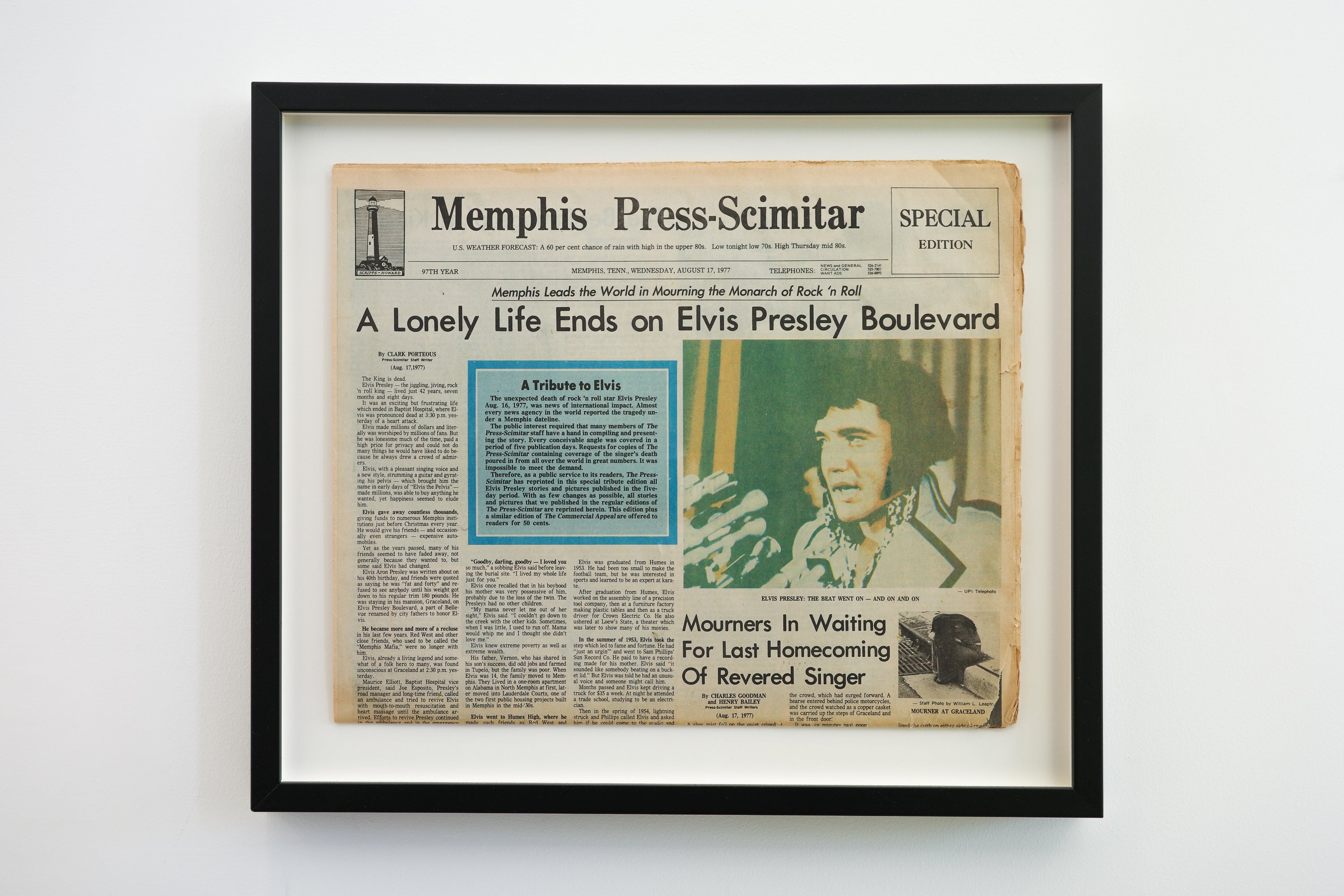 A Lonely Life Ends on Elvis Presley Boulevard - Framed Newspaper